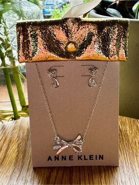 Anne Klein Silver Bow Necklace and Bow Stud Earrings Set